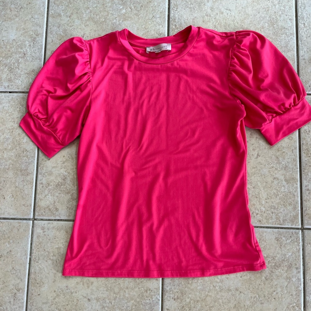 Philosophy Tee with Puffed Sleeves - Hot Coral Pink